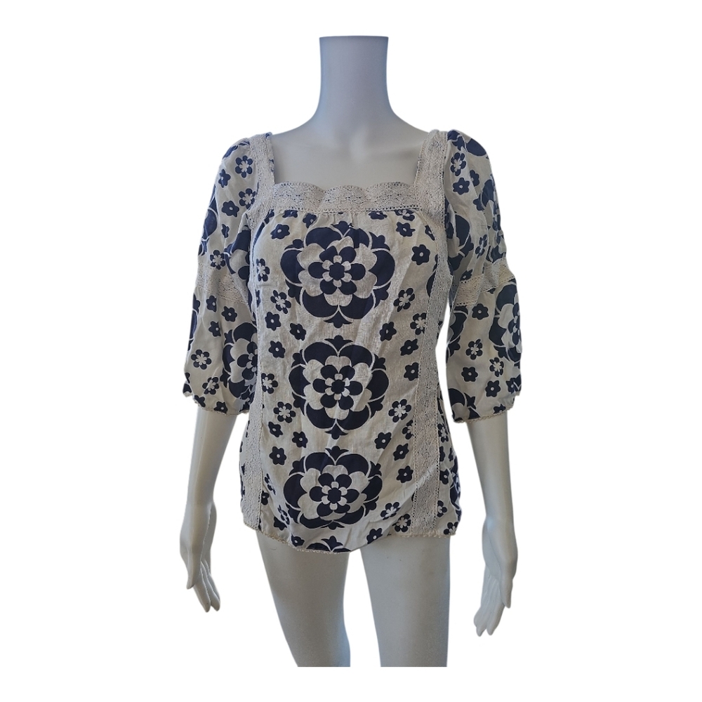 Tory Burch 100% Linen Blouse Size 4 Blue Floral Lace Trim Square Neck